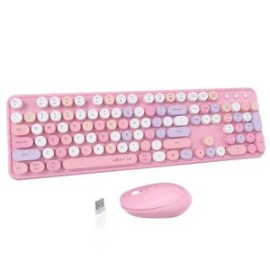 UBOTIE Colorful Computer Wireless Keyboard Mice Combo, Retro Typewriter Flexible Keys Office Full-Sized Keyboard, 2.4GHz Dropout-Free Connection and Optical Mouse (Pink-Colorful)