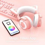 YOWU RGB Cat Ear Headphone 4, Upgraded Wireless & Wired Gaming Headset with Attachable HD Microphone -Active Noise Reduction, Dual-Channel Stereo & Customizable Lighting and Effect via APP (Pink)