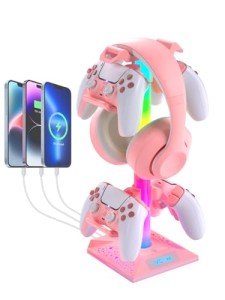 VCOM RGB Gaming Headphones Stand with 2 USB and 1 Type-C Ports, Pink Headset Stand with 10 Light Modes and Non-Slip Rubber,Suitable for PC Desk Accessories Gamers Gift(Pink)