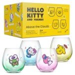 JoyJolt Hello Kitty & Friends Above the Clouds Stemless Drinking Glasses, 15 oz Ombre Glass Cup Set of 4 ft Hello Kitty Keroppi My Melody Pompompurin, Kawaii Kitchen Glassware Sets