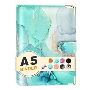 A5 Refillable 6 Ring Faux Leather Budget Binder,Mini Notebook Binder Cover for A5 Filler Paper,Loose Leaf Personal Planner Cover with Magnetic Buckle Closure (Marble Green)