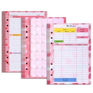 Toplive 3 Pack A5 Planner Refill 82 Sheet Colored Monthly Weekly Planner Refill Paper 6 Hole Budget Sheets Expense Tracker Inserts for A5 Binder Cover Bill Saving Organizer, Pink
