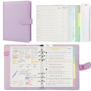 A5 6-Ring Planner kit with Planner Refill Inserts, Cash Pockets, Ruler and Dividers 9.25 x 7.08'' (Harphia, 140BPur)