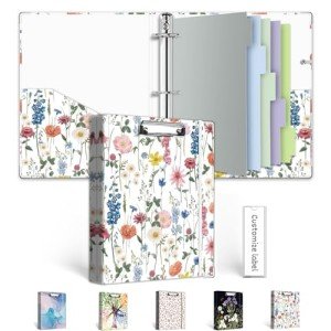 A5 Binder 3 Ring 1 Inch for 5.5"x8.5" Paper, Cute Mini Three Ring Binders with Clipboard,5-Tab Dividers,Interior Pocket, Spine Label, BVSSX Small Binder with Pen Holder, Blue Bloom