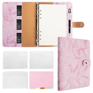 FYY Leather A5 Binder 6 Ring Binder Notebook - Refillable Notebook A5 Planner Binder with Binder Pockets, A5 Dividers, A5 Refill Paper, PU Leather Travel Binder Journal Cover Binder Marble Pink