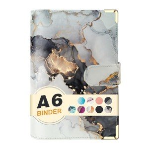 A6 Refillable 6 Ring Faux Leather Budget Binder,Mini Notebook Binder Cover for A6 Filler Paper,Loose Leaf Personal Planner Cover with Magnetic Buckle Closure (Marble White)