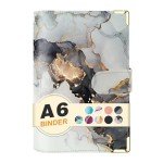 A6 Refillable 6 Ring Faux Leather Budget Binder,Mini Notebook Binder Cover for A6 Filler Paper,Loose Leaf Personal Planner Cover with Magnetic Buckle Closure (Marble White)