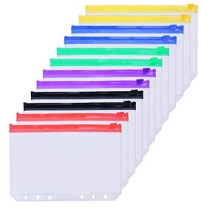Antner 12PCS A5 Binder Pockets 6-Hole Budget Cash Envelopes for A5 6-Ring Binder, Multicolor Zipper Pouches for Planner Inserts, Money Organizer Bags Savings Challenge Envelopes for Cash Stuffing