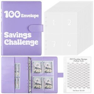 Zuozee 100 Envelopes Money Saving Challenge Binder, A5 Savings Binder with Cash Envelopes, Budget Binder for Planning and Saving $5050, Purple