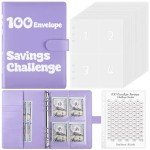 Zuozee 100 Envelopes Money Saving Challenge Binder, A5 Savings Binder with Cash Envelopes, Budget Binder for Planning and Saving $5050, Purple