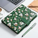 Floral Personal Organiser, A5 PU Leather Binder Journal, Refillable A5 Notebook Folio Portfolio Cover, 6 Ring Binder Organizer with Magnetic Buckle Closure,Dark Green