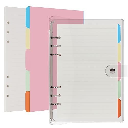 Toplive 6 Ring Binder Cover, Transparent PVC A5 Planner Binder Notebook Cover Refillable Loose Leaf Round Ring Personal Journal with Insert 45 Sheets Paper and Dividers