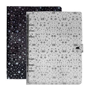 NEWEST 2 Pack 6 Ring Binder Cover, A5 Glitter Binder with Snap Button Closure Loose Leaf Folder Notebook (Black & Transparent)