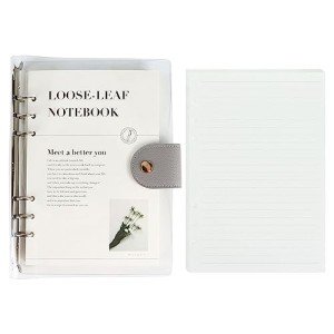 MultiBey A5 Binder 6-Ring Clear Binder Notebook Cover, Silver Round Ring with 90 Sheets Lined Inner Papers, A5 Planner Budget Binder with Snap Closure (A5, Silver)