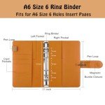 Antner A6 PU Leather Notebook Binder Refillable 6 Ring Binder for A6 Filler Paper, Loose Leaf Personal Planner Binder Cover with Magnetic Buckle Closure, Dark Yellow