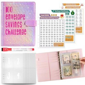 100 Envelopes Money Saving Challenge, Money Saving Budget Binder with Cash Envelopes, Motivational Process to Save $5050, Money Saving Binder 100 Pocket Pre-Numbered, A5 Saving Challenge Book-Pink