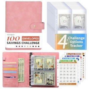 DONBAO 100 Envelopes Money Saving Challenge Binder, A5 Budget Binder with Envelopes and Challenge Tracker, 2024 New Savings Challenges Planner Book to Save $500, $1000, $5050, $10000 (Pink)
