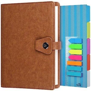OMEYA A5 Binder Journal, Refillable 6 Ring Organizer Planner Leather Business Writing Notebook, Ruled Hardcover Diary Notebook with Divider page and Index stickers-Brown