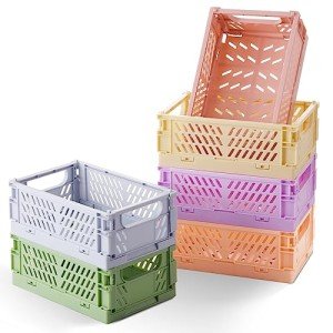 HUUSMOT 6-Pack Small Pastel Plastic Storage Baskets, Collapsible Crates for Organizing, Space-Saving Mini Bins for Classroom, Kitchen, Office, Bedroom (5.8" x 3.8" x 2.2")