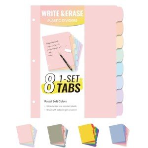 Sooez 8-Tab Durable Plastic Write & Erase Big Tab Dividers for 3 Ring Binder, Aesthetic Cute Pastel Binder Dividers for Student, Teacher, Office, Home Organizers, 1 Set, Pastel