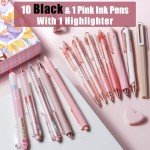 FourCandies 12Pack Pastel Gel Ink Pen Set, Cute Note Taking 0.5mm Fine Point Retractable 11 Pack Black Ink Pens with 1Pack Highlighter for Writing, School, Office (Pink)
