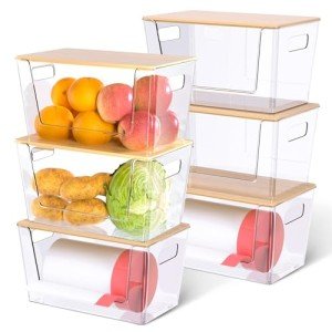 Stackable Clear Storage Bins with Bamboo Lids - 6 Pack