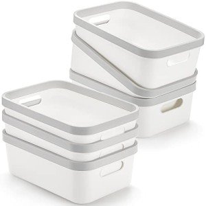 Set of 6 White Plastic Storage Bins with Handles