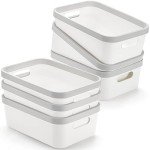 Set of 6 White Plastic Storage Bins with Handles
