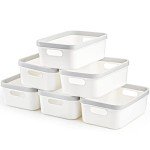 Set of 6 White Plastic Storage Bins with Handles