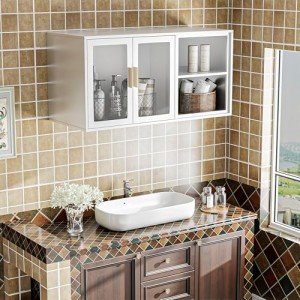 Okeiylaid Bathroom Storage Cabinet Over Toilet Kitchen Wall Mounted Metal Pantry Cabinet with Two Glass Doors and Shelves,Small Organizer for Bedroom,13.7" D x 31.5" W x 15.7" H,White