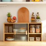 HollyHOME Bamboo Wall Mounted Kitchen Pantry Sideboard with 2 Sliding Door, Freestanding Wall Storage Cabinet with Shelf for Bottle, Dish, Bowl, Console Dining Cupboard, Burlywood