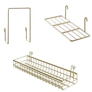 FRIADE Gold Grid Basket with Hooks,Bookshelf,Display Shelf for Wall Grid Panel,Wall Mount Organizer and Storage Shelf Rack for Home Supplies,1 Set of 3 (Gold)