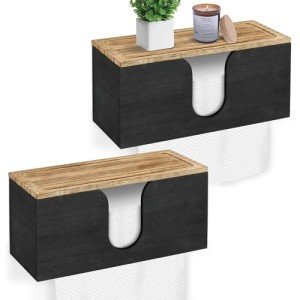 2 Pack Solid Wood Paper Towel Dispenser Wall Mounted, Folded Paper Towel Holder with Lid, Commercial C-Fold, Z-Fold, Trifold Hand Paper Towel Holder Dispenser for Bathroom Kitchen Office