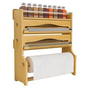 Foil Plastic Wrap Organizer Dispenser - Wall Mounted Bamboo Kitchen Paper Towel Holder with Spice Shelf,4 in 1 12" Roll Dispenser with Cutter