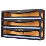 Cozee Bay Bamboo Wrap Dispenser with Cutter, Plastic Wrap Organizer, Aluminum Foil Organization, and Wax Paper Dispenser Holder for Kitchen Drawer and Wall, Compatible with 12" Roll (01 Black)