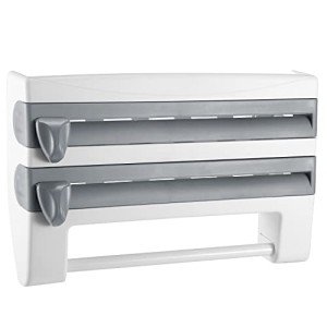 iMounTEK Kitchen Roll Dispenser Paper Roll Holder Plastic Wrap Film Foil Paper Organizer w/Cutter Wall Mounted for Kitchen Bathroom