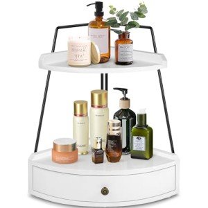 PICKKROSS 2 Tier Bathroom Counter Organizer, Wood Bathroom Tray with Drawer, Corner Storage Shelf for Vanity Tray Kitchen Spice Rack Coffee Station Organizer
