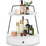PICKKROSS 2 Tier Bathroom Counter Organizer, Wood Bathroom Tray with Drawer, Corner Storage Shelf for Vanity Tray Kitchen Spice Rack Coffee Station Organizer