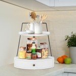 PICKKROSS 2 Tier Bathroom Counter Organizer, Wood Bathroom Tray with Drawer, Corner Storage Shelf for Vanity Tray Kitchen Spice Rack Coffee Station Organizer