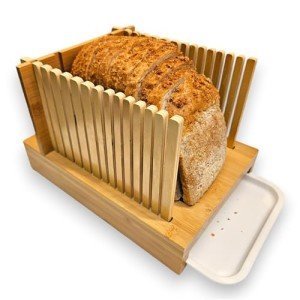 Bamboo Bread Slicer Guide Cutter For Slicing Homemade Bread, Bagels, Sourdough Loaves - Folable & Compact, Adjustable Width & Thickness, Crumb Tray, Kitchen Gadget & Gifts
