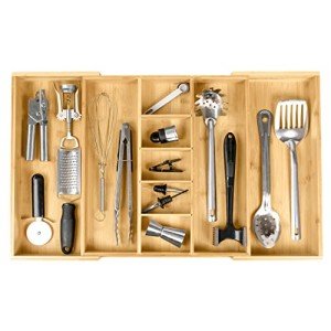KitchenEdge Adjustable Kitchen Drawer Organizer for Utensils and Junk, Food-Safe Contract Grade with 100% Sustainable Wood, Non-Slip, Expandable from 16" to 28" Wide - Natural Bamboo