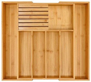 VaeFae Bamboo Silverware Drawer Organizer Kitchen, Expandable Utensil Organizer with Knife Block, Cutlery Tray with Divider, Multifunctional Wooden Drawer Organizer