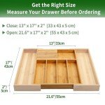 VaeFae Bamboo Silverware Drawer Organizer Kitchen, Expandable Utensil Organizer with Knife Block, Cutlery Tray with Divider, Multifunctional Wooden Drawer Organizer