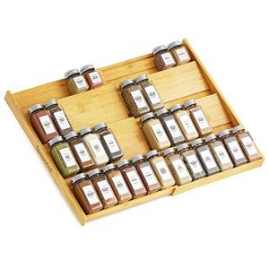 SpaceAid Bamboo Spice Drawer Organizer, (Need 3" Deep Drawer) Expandable 4 Tier Spices Rack for Cabinet, Kitchen Seasoning Storage Insert (Jars Not Included, From 12" to 23" Wide)