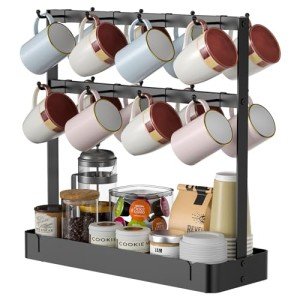 Aluminum Mug Holder with Hooks and Storage Basket