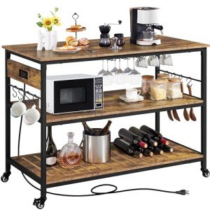Rustic Brown Rolling Kitchen Island with Power Outlet
