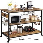 Rustic Brown Rolling Kitchen Island with Power Outlet