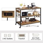 Rustic Brown Rolling Kitchen Island with Power Outlet