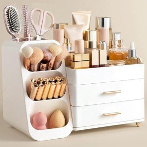 Stylish White Makeup Organizer with Brush Holder