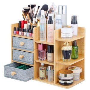 Elegant Bamboo Makeup Organizer with Drawers & Shelves